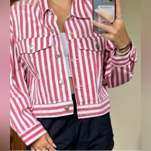 pull & bear red white striped cropped denim jacket womens small